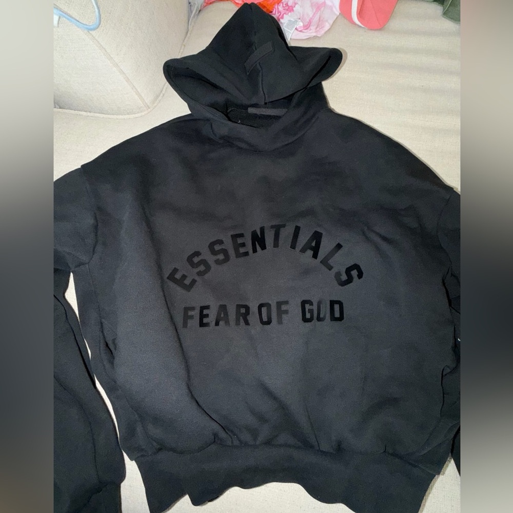 Fear of God Essentials Black Pullover Hoodie with Arched Logo
